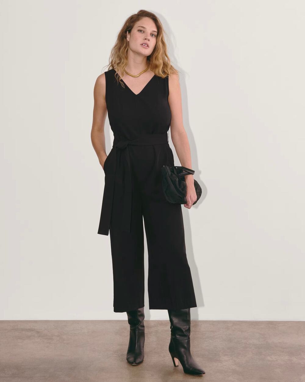 Everlane The Ultimate Jumpsuit Wide Leg Sleeveless Belted V-Neck in Black Size 6
